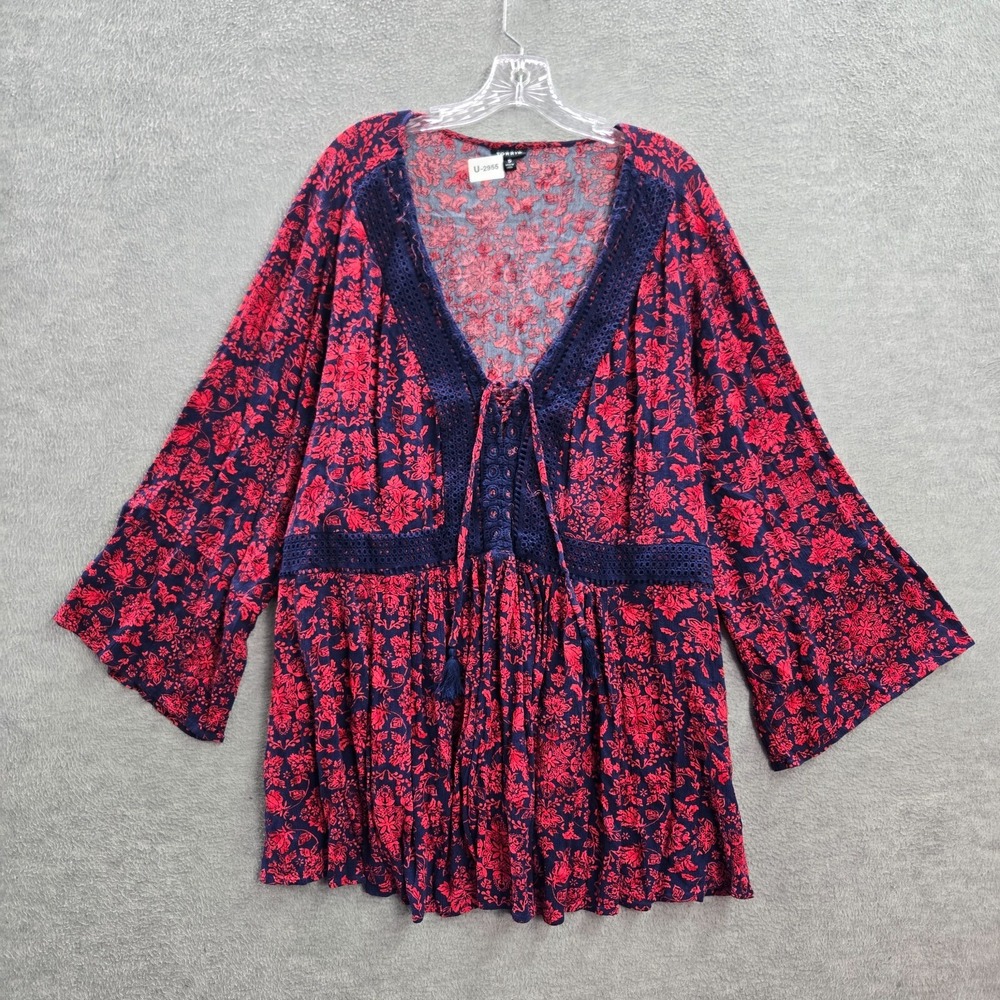 Torrid Women Top‎ 5 Red Floral Babydoll Gauze Crochet Trim Lace Up